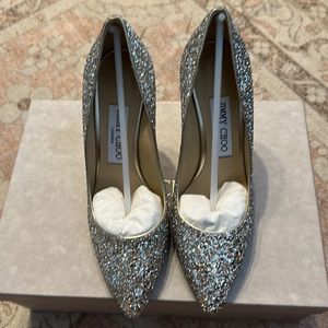 JIMMY CHOO Silver  Ombré Coarse Glitter Romy Stiletto Pointed Toe Heels NWOT